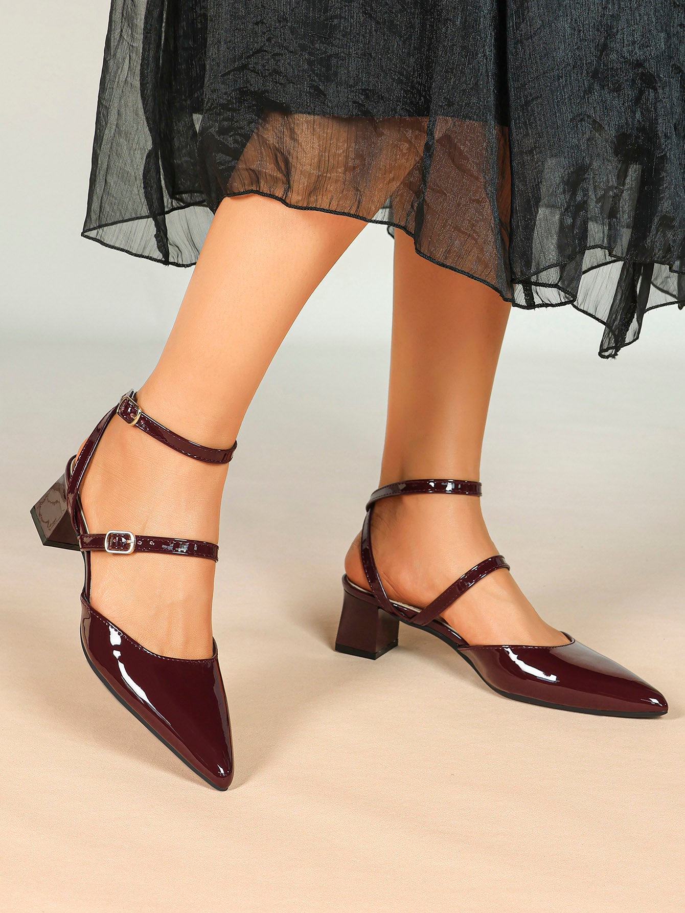Burgundy Patent Cross-Strap Pointed-Toe Shoes with Comfort Block Heel