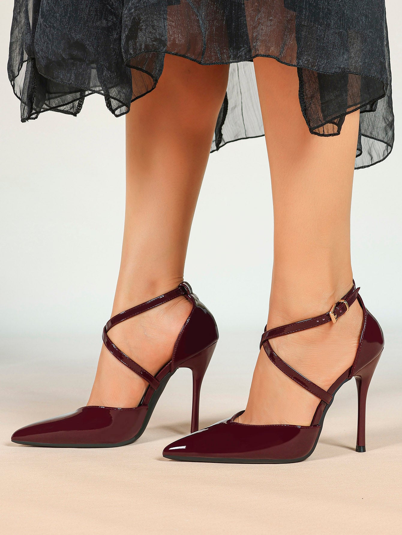 Women's Burgundy Patent Crisscross Strap Pointed Toe High Heels Ankle Buckle Pumps Party Night Out