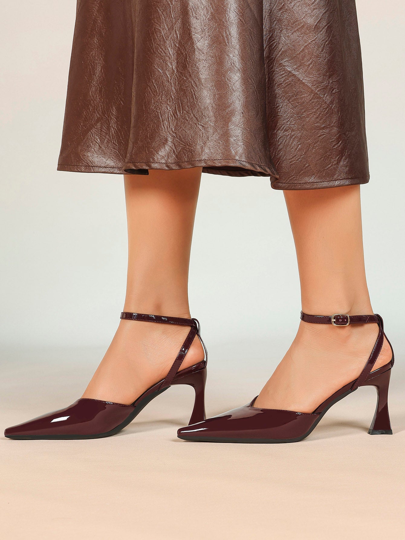 Burgundy Patent Low-Cut Stiletto Pumps Ankle Buckle Slingback Heels Daily Casual Outfits
