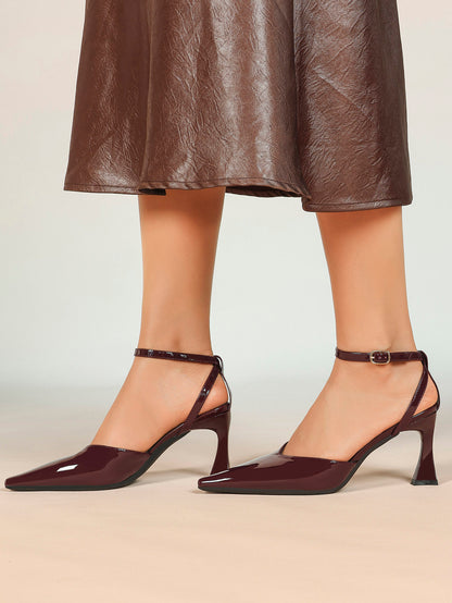 Burgundy Patent Low-Cut Stiletto Pumps Ankle Buckle Slingback Heels Daily Casual Outfits