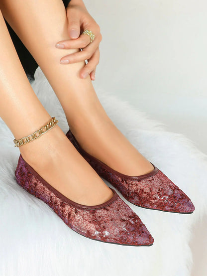 Wine Red Sequin Lace Mesh Pointed Toe Flats – Women's Floral Embroidery Ballet Flat with Iridescent Shimmer YISHIFAN