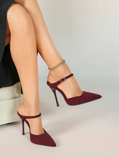 Women's Suede Pointed Toe D'Orsay Pumps Ankle Strap Stiletto High Heels with Buckle YISHIFAN