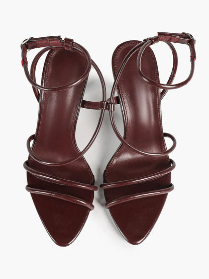 Cognac Multi-Strap Square Toe Stiletto Sandals – Women’s Tubular Toe Strap Ankle Strap Heels YISHIFAN