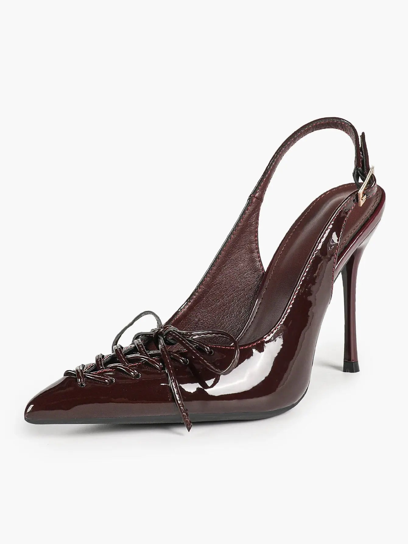 Cognac Lace-Up Oxford Pumps | 10.5cm Stiletto Heel, Chain Ankle Strap YISHIFAN