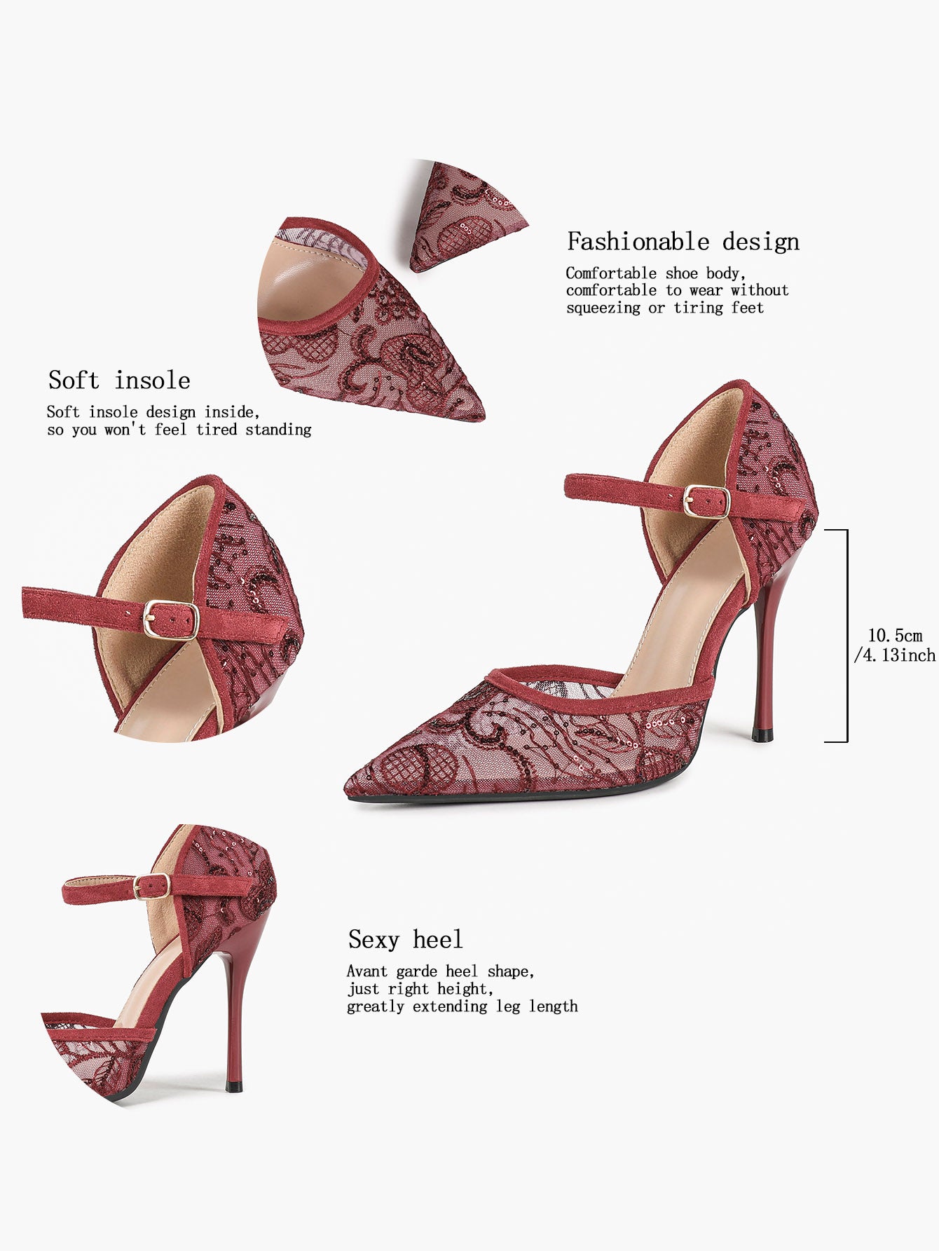 Sparkly Lace Pointed Toe Heels - 4.13" Ankle Strap Pumps with Non-Slip Sole