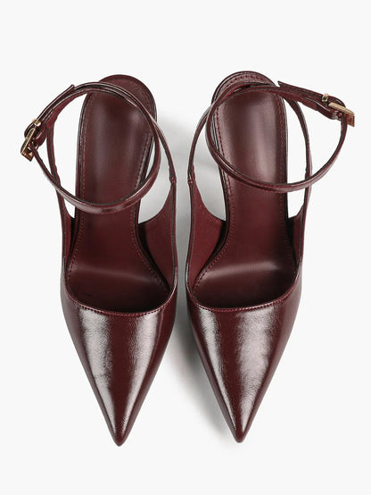 Wine Red Crinkle PU D’Orsay Ankle Strap Stiletto Slingback – Women’s Pointed Toe High Heels YISHIFAN
