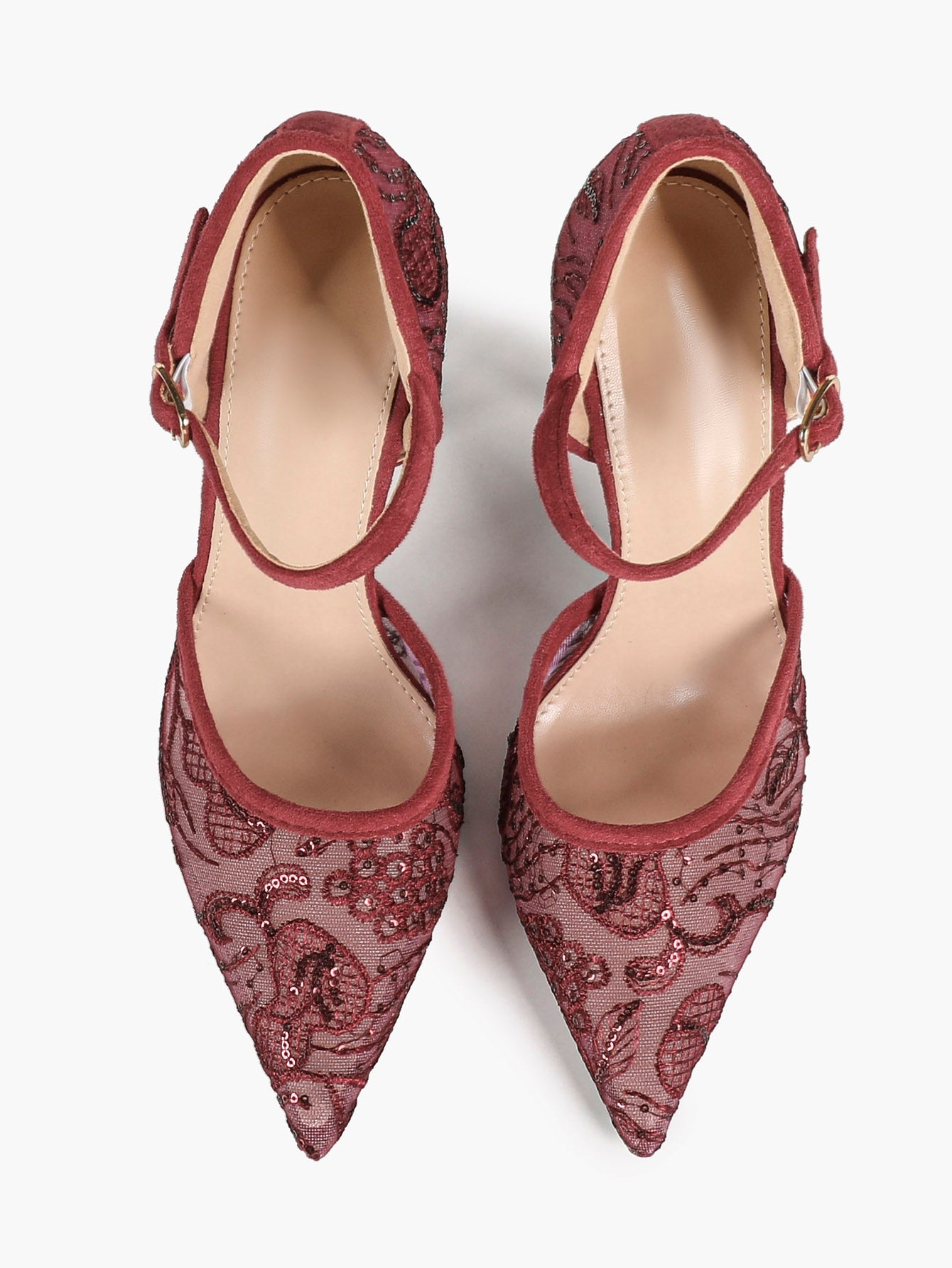 Sparkly Lace Pointed Toe Heels - 4.13" Ankle Strap Pumps with Non-Slip Sole