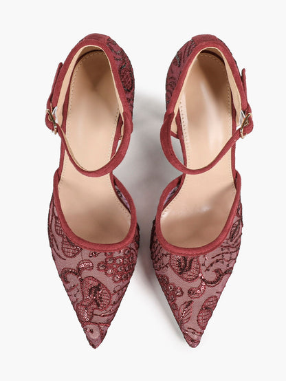 Sparkly Lace Pointed Toe Heels - 4.13" Ankle Strap Pumps with Non-Slip Sole