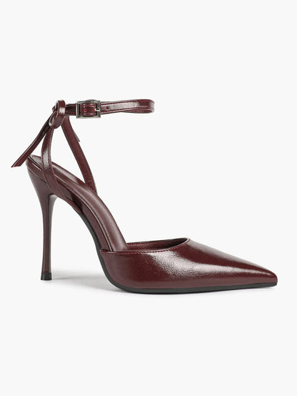 Black Patent D’Orsay Bow Ankle Strap Stiletto Heels – Women’s Pointed Toe High Heels YISHIFAN
