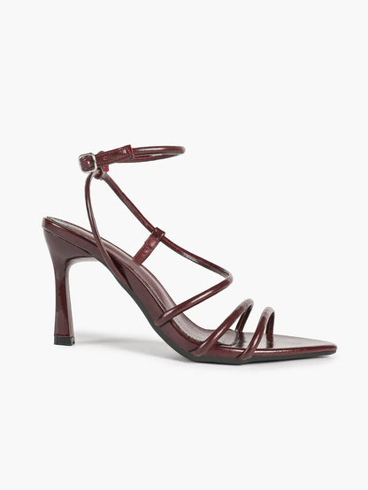 Cognac Multi-Strap Square Toe Stiletto Sandals – Women’s Tubular Toe Strap Ankle Strap Heels YISHIFAN