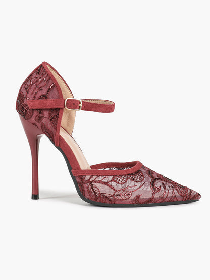 Sparkly Lace Pointed Toe Heels - 4.13" Ankle Strap Pumps with Non-Slip Sole