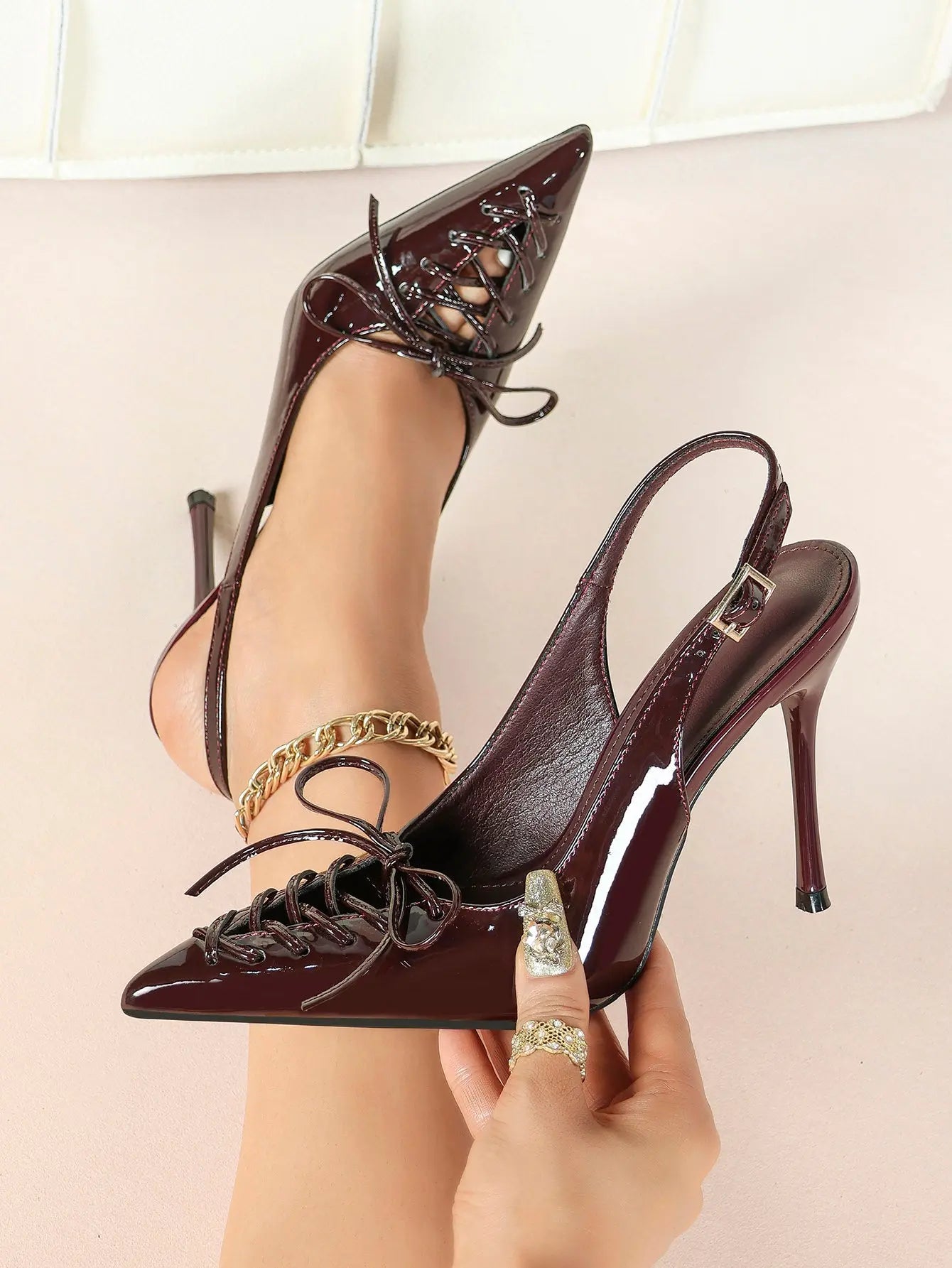 Cognac Lace-Up Oxford Pumps | 10.5cm Stiletto Heel, Chain Ankle Strap YISHIFAN