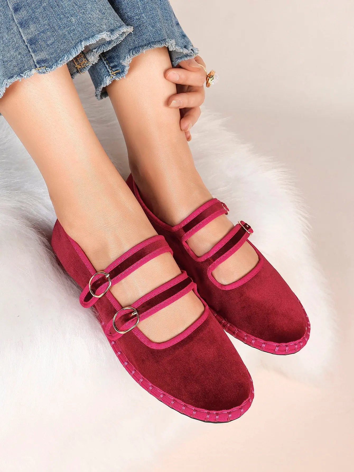 Women's Pink Suede Ballet Flats with Double Gold Buckle Cloud Comfort Insole for Casual Chic Everyday Shoes YISHIFAN