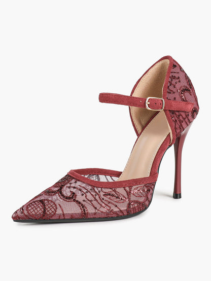 Sparkly Lace Pointed Toe Heels - 4.13" Ankle Strap Pumps with Non-Slip Sole