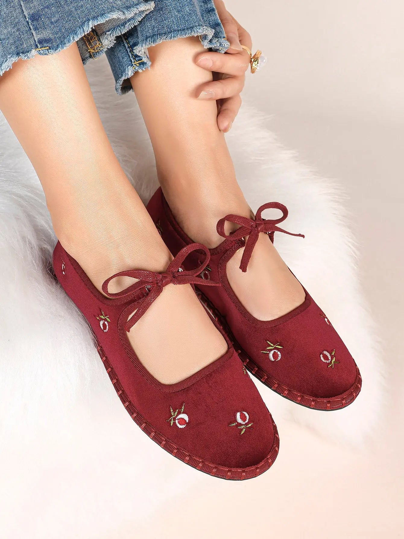 Women's Velvet Mary Jane Ballet Flat Shoes with Bow Straps YISHIFAN