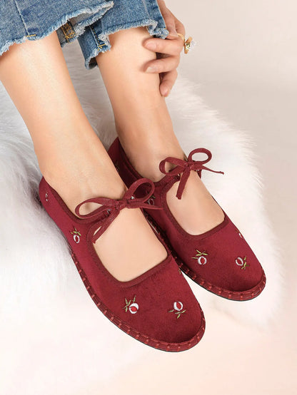 Women's Velvet Mary Jane Ballet Flat Shoes with Bow Straps YISHIFAN