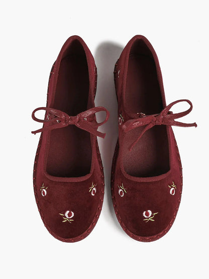 Women's Velvet Mary Jane Ballet Flat Shoes with Bow Straps YISHIFAN