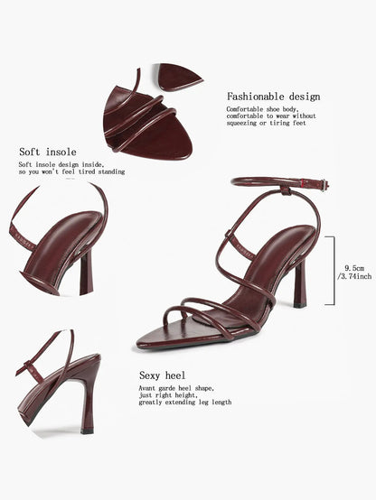 Cognac Multi-Strap Square Toe Stiletto Sandals – Women’s Tubular Toe Strap Ankle Strap Heels YISHIFAN