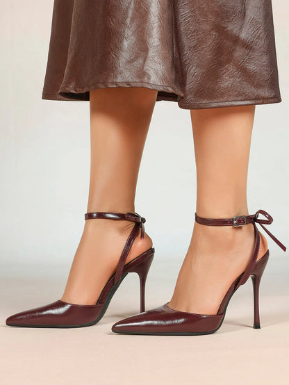 Black Patent D’Orsay Bow Ankle Strap Stiletto Heels – Women’s Pointed Toe High Heels YISHIFAN