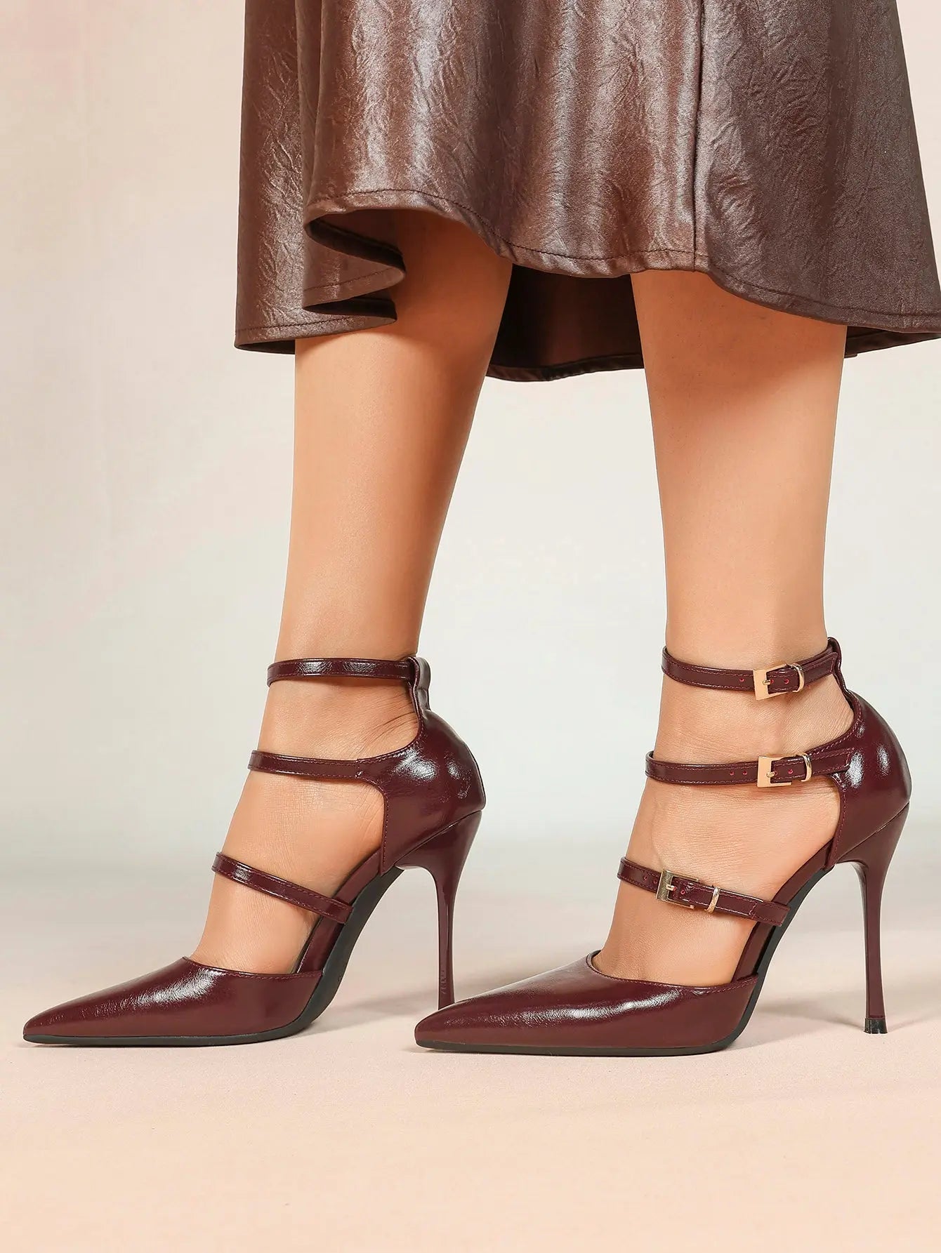 Cream Triple Ankle Strap Stiletto Pumps – Women’s Pointed Toe Cage Heel High Heels YISHIFAN