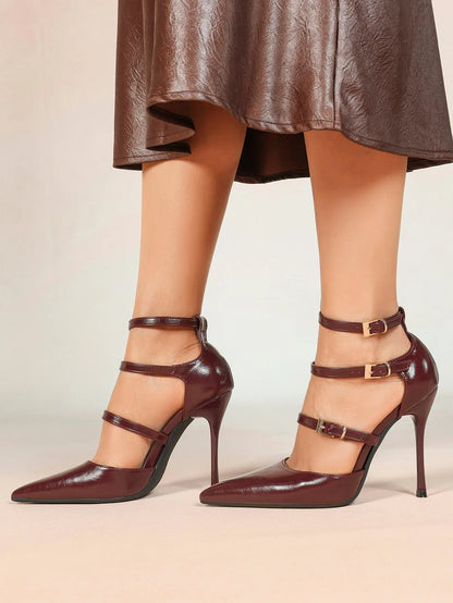 Cream Triple Ankle Strap Stiletto Pumps – Women’s Pointed Toe Cage Heel High Heels YISHIFAN