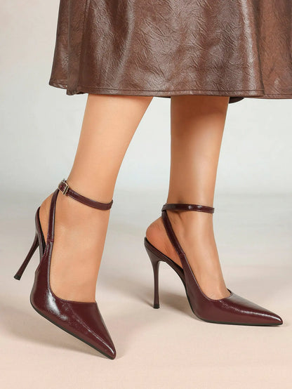 Wine Red Crinkle PU D’Orsay Ankle Strap Stiletto Slingback – Women’s Pointed Toe High Heels YISHIFAN