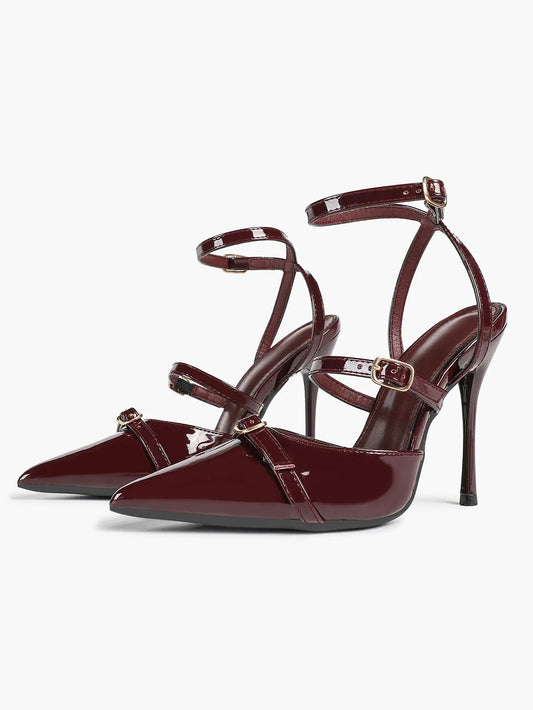 Wine Red Leather Pointed Toe Open Back Stiletto Double Strap Heel for Wedding Party Casual YISHIFAN