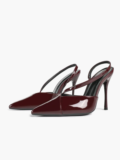 Women's Wine Red Pointed Toe Slingback Heels Liquid Gloss for Party Wedding Dress Shoes YISHIFAN