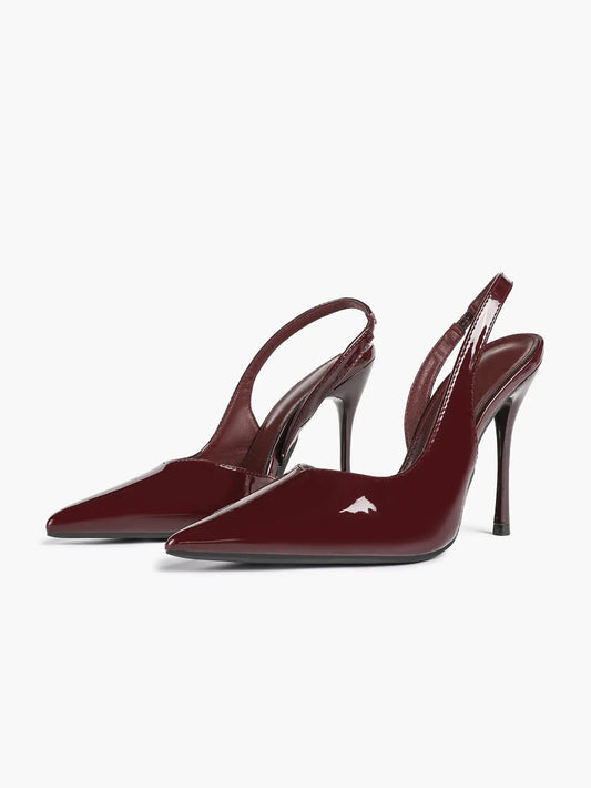Burgundy Leather Stiletto for Women Closed Pointed Toe Slingback Heel Liquid Burgundy Gloss Sexy Shoes YISHIFAN