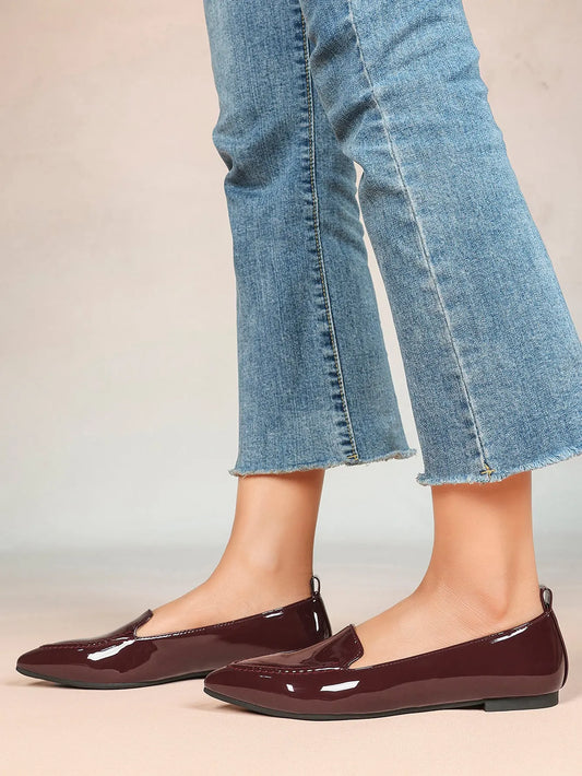 Women's Burgundy Leather Loafers  Pointed Toe Slip Soft for Casual Chic Office  Everyday Dress Shoes YISHIFAN