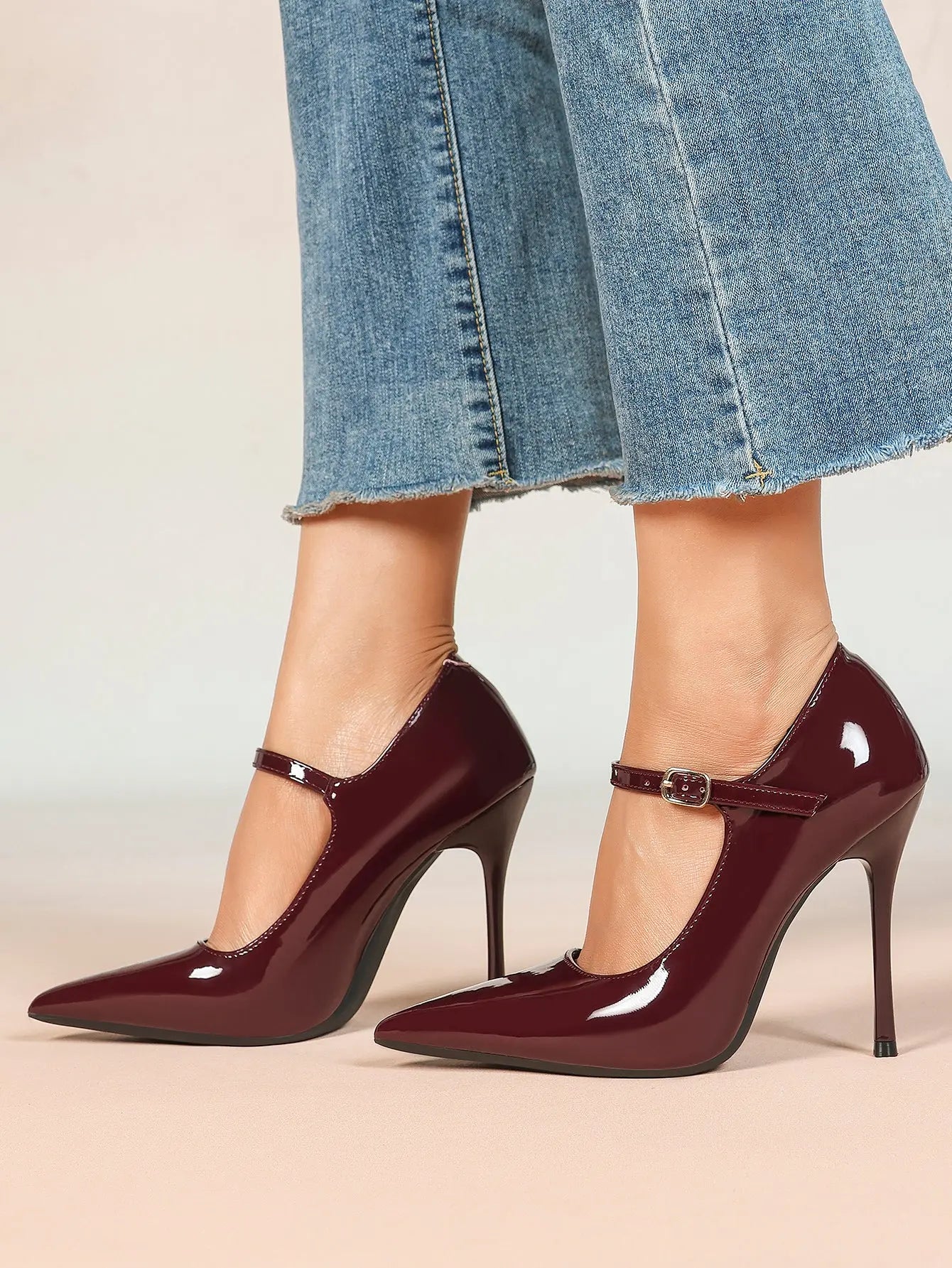 Wine Red Mary Jane Stiletto Sandals Pointed Toe Ankle Strap for Women for Wedding Party Shoes YISHIFAN