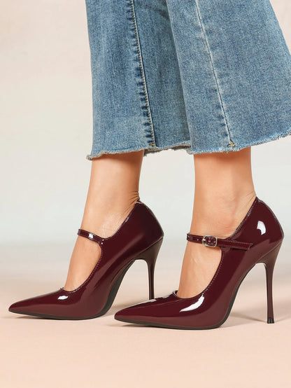 Wine Red Mary Jane Stiletto Sandals Pointed Toe Ankle Strap for Women for Wedding Party Shoes YISHIFAN