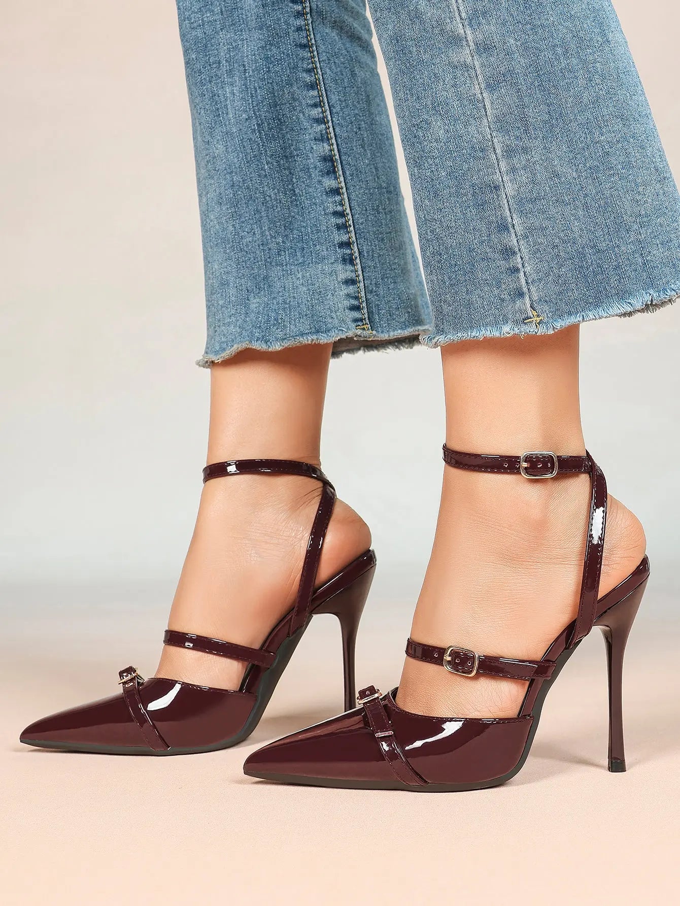 Wine Red Leather Pointed Toe Open Back Stiletto Double Strap Heel for Wedding Party Casual YISHIFAN