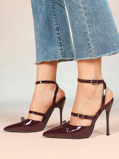 Wine Red Leather Pointed Toe Open Back Stiletto Double Strap Heel for Wedding Party Casual YISHIFAN