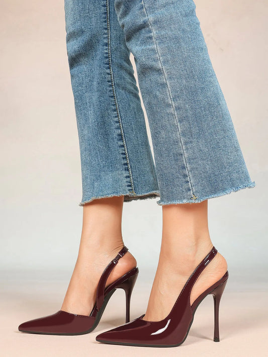 Burgundy Leather Stiletto for Women Closed Pointed Toe Slingback Heel Liquid Burgundy Gloss Sexy Shoes YISHIFAN