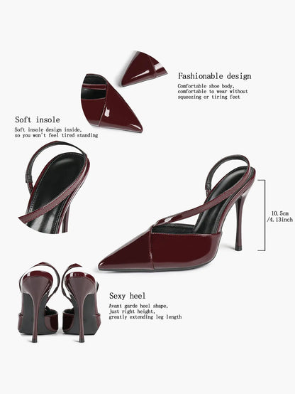 Women's Wine Red Pointed Toe Slingback Heels Liquid Gloss for Party Wedding Dress Shoes YISHIFAN