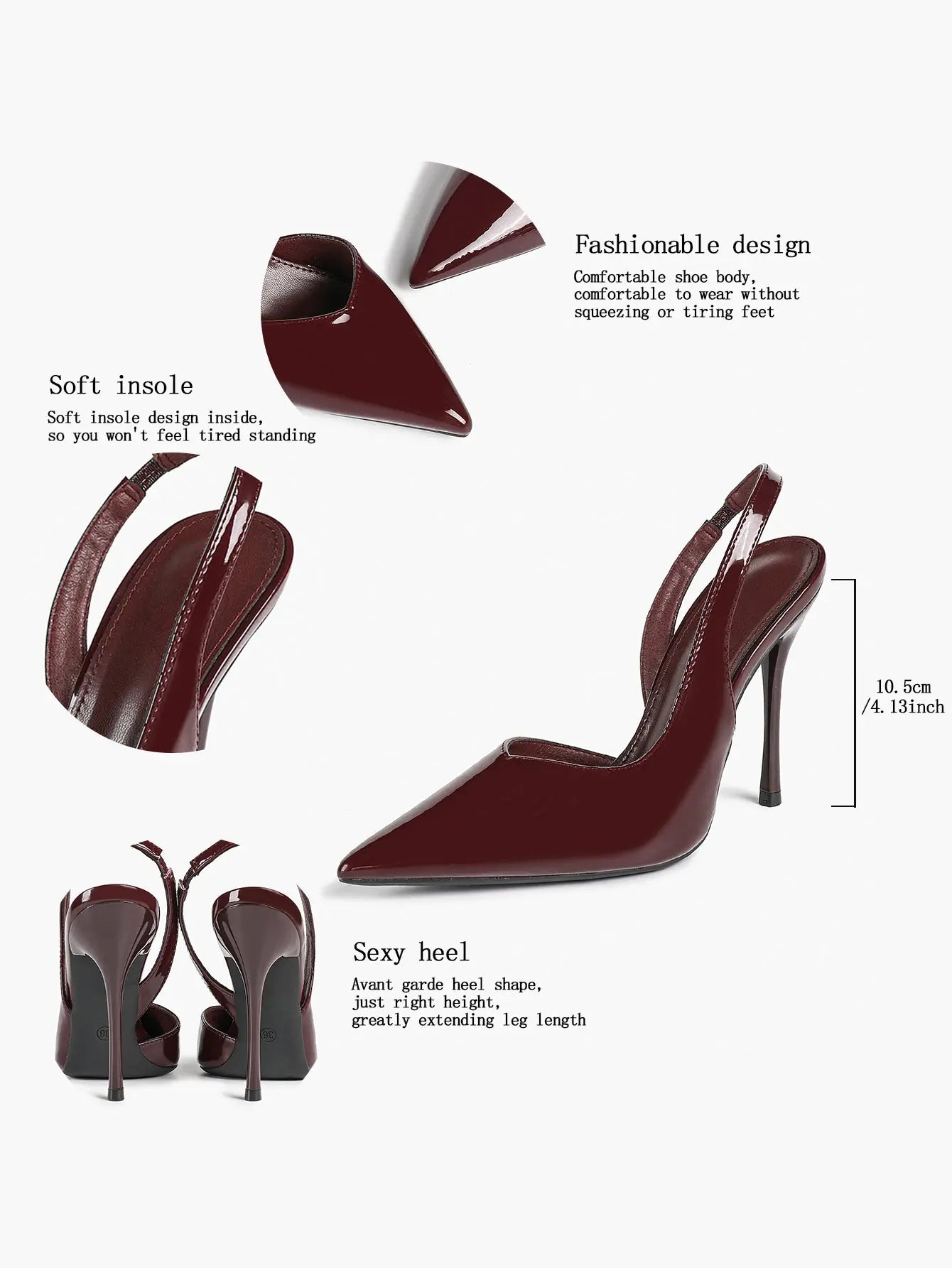 Burgundy Leather Stiletto for Women Closed Pointed Toe Slingback Heel Liquid Burgundy Gloss Sexy Shoes YISHIFAN