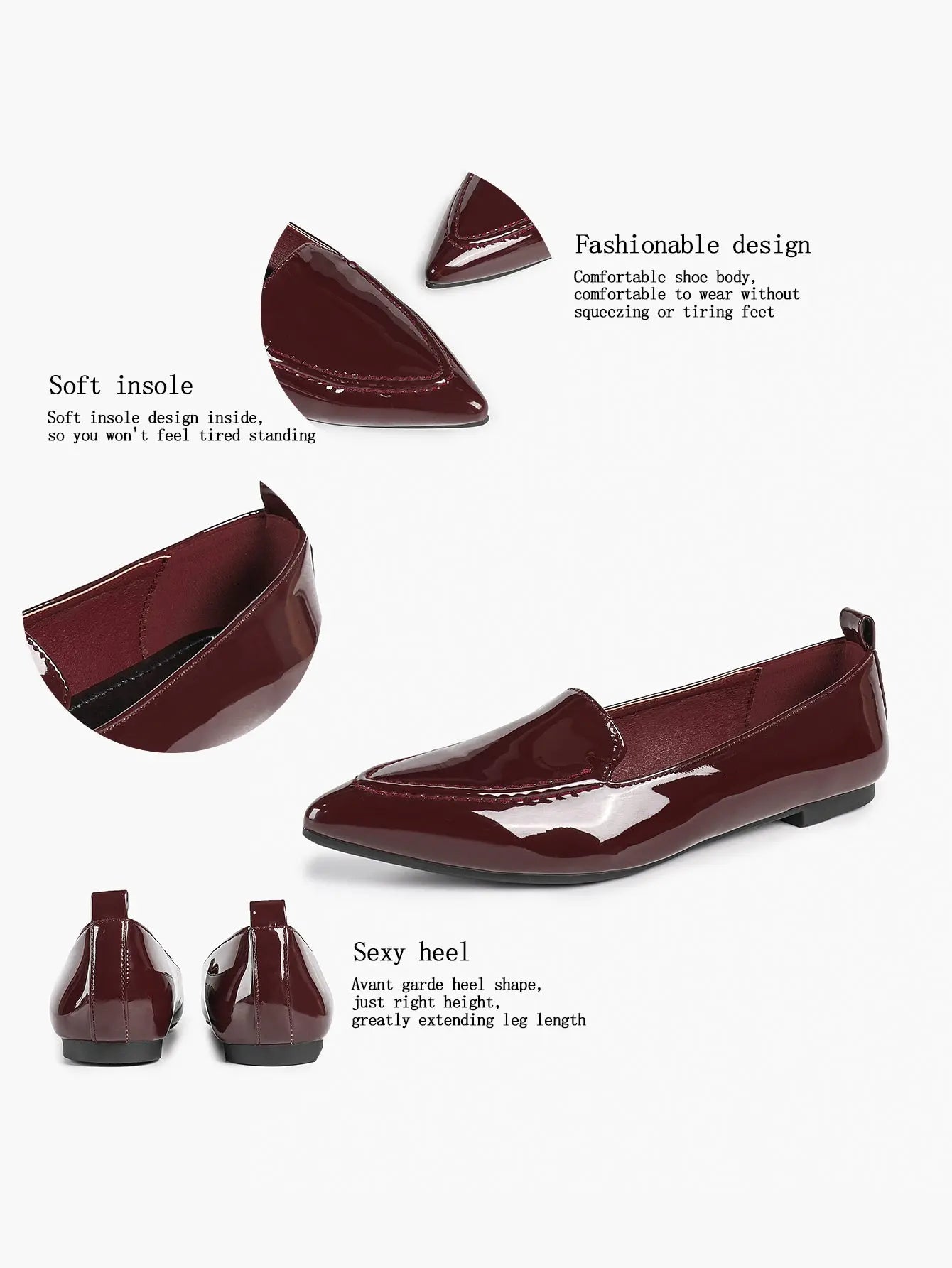 Women's Burgundy Leather Loafers  Pointed Toe Slip Soft for Casual Chic Office  Everyday Dress Shoes YISHIFAN