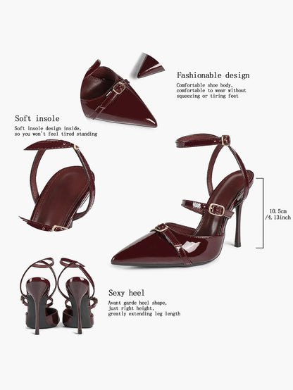 Wine Red Leather Pointed Toe Open Back Stiletto Double Strap Heel for Wedding Party Casual YISHIFAN