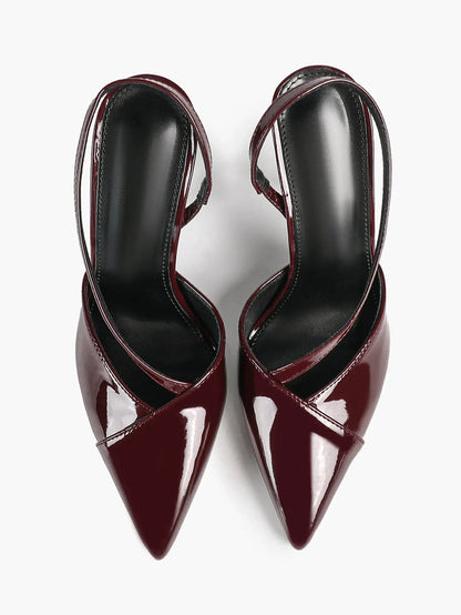 Women's Wine Red Pointed Toe Slingback Heels Liquid Gloss for Party Wedding Dress Shoes YISHIFAN