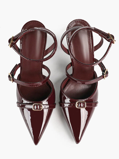 Wine Red Leather Pointed Toe Open Back Stiletto Double Strap Heel for Wedding Party Casual YISHIFAN
