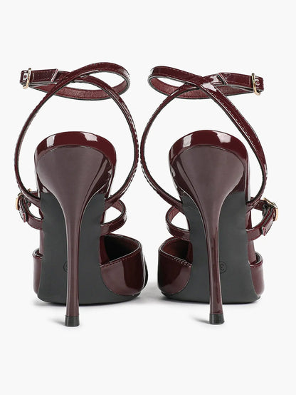 Wine Red Leather Pointed Toe Open Back Stiletto Double Strap Heel for Wedding Party Casual YISHIFAN