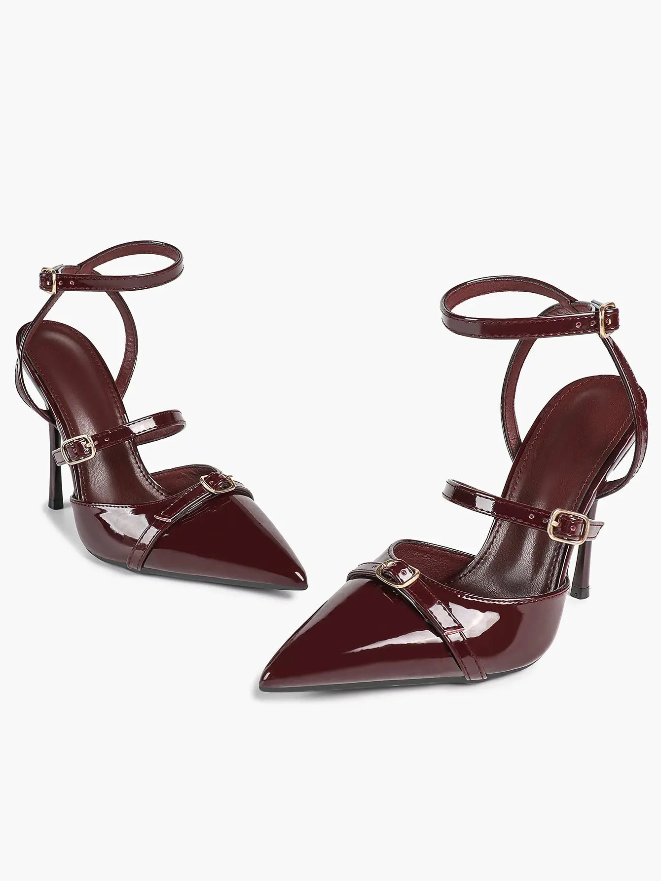 Wine Red Leather Pointed Toe Open Back Stiletto Double Strap Heel for Wedding Party Casual YISHIFAN