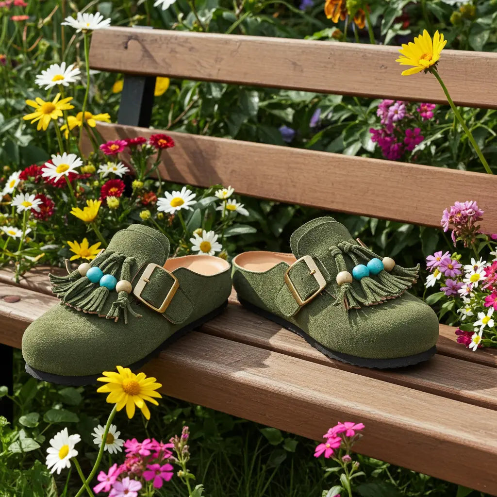 Dark Green Suede Tassel & Turquoise Bead Buckle Boston Clogs – Women's Boho Closed Toe Mule YISHIFAN