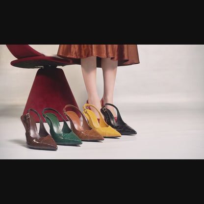 Vintage Luxe Deep Green Pointed Slingbacks Stiletto Heels with Croc Texture & All-Day Soft Insole