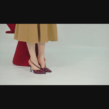 Women's Wine Red Pointed Toe Slingback Heels Liquid Gloss for Party Wedding Dress Shoes