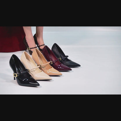 Women's Leather Stiletto Heels 4.13 Inch Pointed Toe Strap Pumps Shoes with Buckle for Casual Office