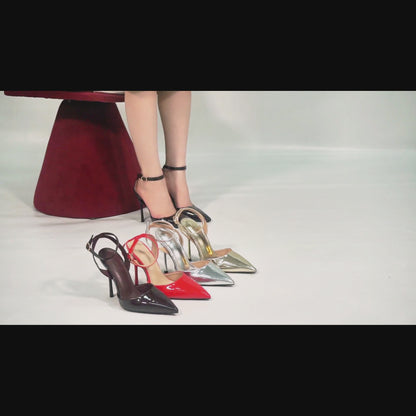 Metallic Gloss Pointed Toe Adjustable Ankle Strap Heels Slingback Heel for Party Wedding Evening Club
