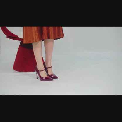 Wine Red Mary Jane Stiletto Sandals Pointed Toe Ankle Strap for Women for Wedding Party Shoes
