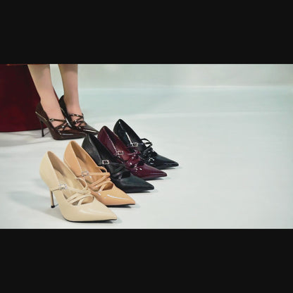 Burgundy Leather Stiletto Heels Sharp Pointed Toe Cross Strap Pump 4.13 INCH for Party Wedding Shoes